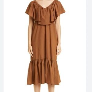 Mille Juliet Trapeze Ruffle Neck Dress Brown Resort Cotton Size S